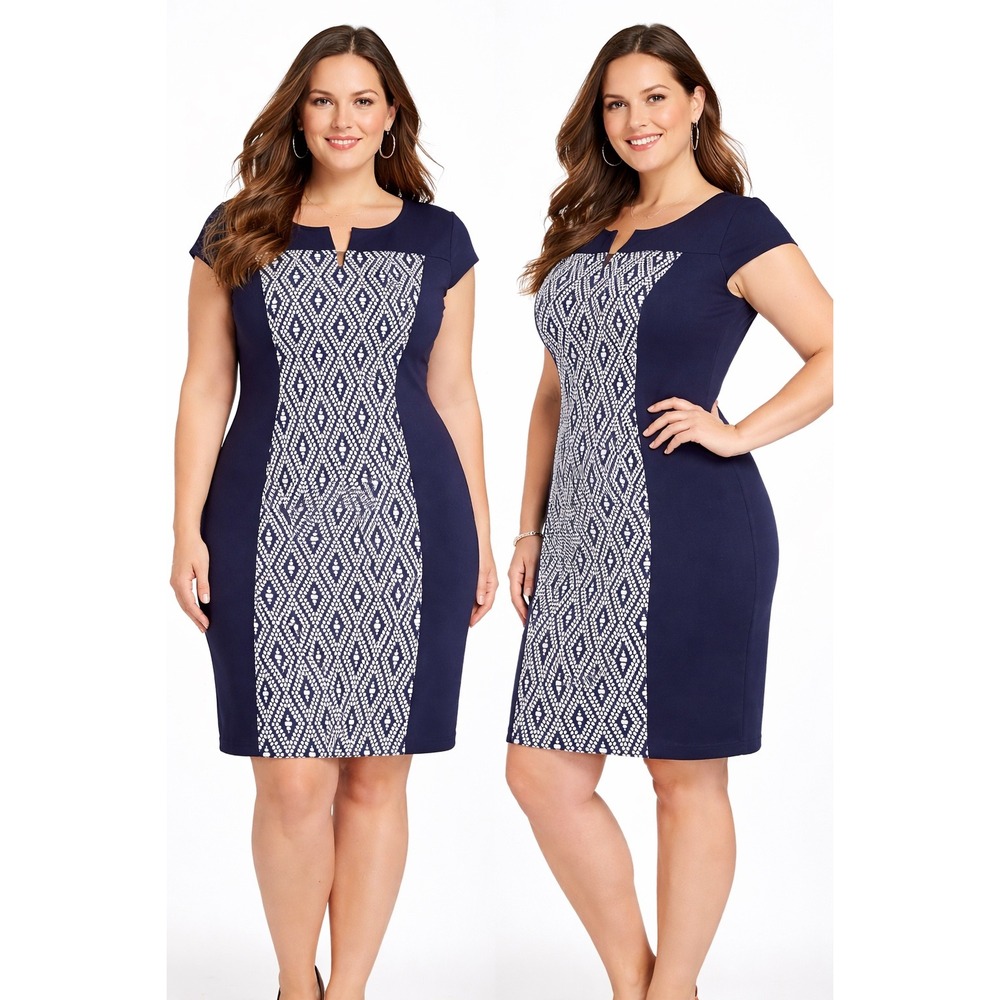 Connected Apparel Sheath Dress Navy Blue White Geometric Diamond Cap Sleeve 16‎